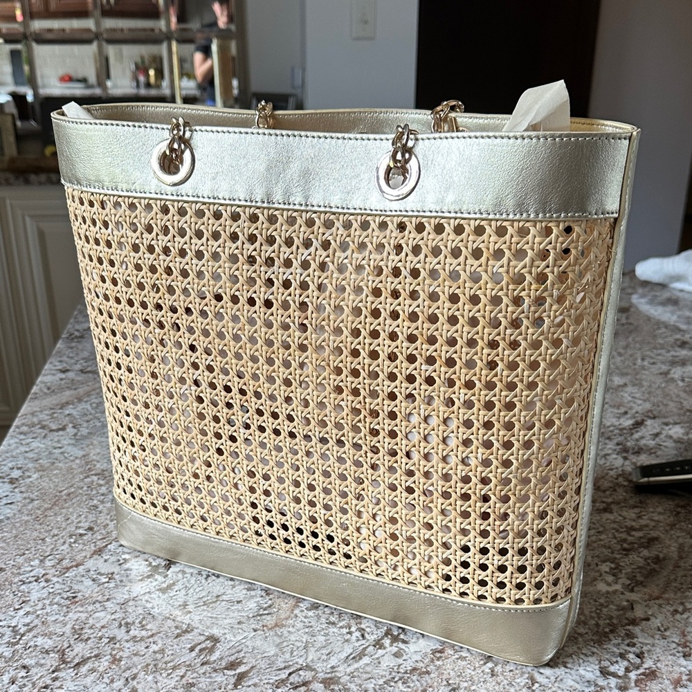 Woven Rattan Tote with Metallic Trim - Cream/Gold
